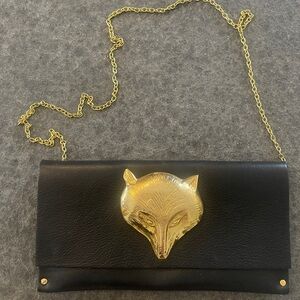 Black Purse Clutch with Gold Fox Detail Elegant Fun Foxy